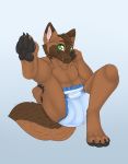  anthro ben_(ethan86) black_nose black_pawpads brown_body brown_fur canid canine canis claws diaper domestic_dog fangs fur german_shepherd green_eyes herding_dog hi_res imply looking_at_viewer male mammal pastoral_dog pawpads raised_leg solo 