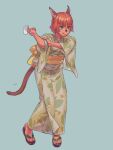  1girl animal_ears avatar_(ff11) bangs blue_eyes cat_ears cat_girl cat_tail closed_mouth dark-skinned_female dark_skin facial_mark final_fantasy final_fantasy_xi full_body geta japanese_clothes kimono mithra_(ff11) orange_hair short_hair simple_background smile solo tail tongue tongue_out wide_sleeves yuccoshi 