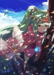  2girls blue_eyes blue_sky closed_mouth cloud crossover day double_v dragalia_lost dress fairy fairy_wings fire_emblem fire_emblem:_mystery_of_the_emblem fire_emblem_heroes green_eyes green_hair leaf long_hair multiple_girls notte_(dragalia_lost) open_mouth outdoors pink_dress pink_hair pointy_ears ponytail shadow2810 sky smile tiara tiki_(fire_emblem) tree v wings 