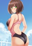  1girl animal_ears ass back backless_swimsuit blue_sky blush breasts brown_hair cloud commentary competition_swimsuit eyebrows_visible_through_hair green_eyes highres idolmaster idolmaster_cinderella_girls kibihimi large_breasts looking_at_viewer looking_back maekawa_miku one-piece_swimsuit outdoors short_hair sky solo standing swimsuit wet 