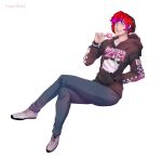  beanie blue_eyes bottomwear candy clothing food footwear hair hat headgear headwear hi_res highlights_(coloring) hoodie human invader_zim jason_maddox jeans lollipop male mammal nickelodeon pants pink_highlights red_hair shoes smile solo topwear tragicfame 