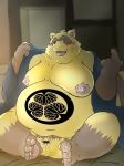  2020 anthro balls belly big_balls blush bodily_fluids brown_body brown_fur canid canine censored clothing fur genitals humanoid_hands kemono magatsuhinokami male mammal moobs navel nipples obese overweight overweight_male penis raccoon_dog robe sengoku_puzzle sitting solo sweat tanuki tokugawa_ieyasu undressing video_games 