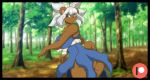  anthro blue_eyes breasts brown_body brown_fur butt clothing female forest fur grey_hair hair mammal mastergodai naomi_(mastergodai) rope solo tree ursid 