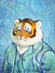  anthro bu2ma clothed clothing countershade_face countershading detailed dress_shirt felid fur hi_res inspired_by_proper_art male mammal markings orange_body orange_fur painting_(artwork) pantherine parody portrait shirt signature simple_background solo stripes tiger topwear traditional_media_(artwork) watermark whiskers yellow_eyes 