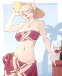  alcohol anthro beach beverage breasts canid canine cleavage clothed clothing female fox glass hair hat headgear headwear hi_res jewelry karma_faye leaning looking_at_viewer mammal marik_azemus34 navel necklace open_mouth palm_tree sarong seaside short_hair simple_background smile solo sunhat tree tube_top wine wine_glass 