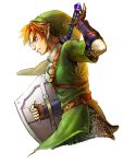  1boy belt blonde_hair blue_eyes butiboco chainmail earrings fingerless_gloves gloves green_headwear green_tunic highres jewelry link master_sword pointy_ears profile shield the_legend_of_zelda the_legend_of_zelda:_twilight_princess 