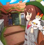  2girls bag blurry blush brown_eyes brown_hair budew bunny cardigan cloud commentary_request depth_of_field door galar_mother gen_4_pokemon gen_8_pokemon glasses grey_cardigan highres holding holding_pokemon house looking_at_another manse mother_and_daughter multiple_girls on_shoulder open_mouth overalls pokemon pokemon_(creature) pokemon_(game) pokemon_on_shoulder pokemon_swsh scorbunny sky smile tam_o&#039;_shanter waving window yuuri_(pokemon) 