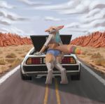 bottomwear butt butt_pose canid canine canis car clothing crop_top delorean domestic_dog feet foxy_rainbow_fluff hi_res invalid_tag jeans looking_at_viewer male mammal pants paws pose shirt thejoyfuldragon topwear vehicle 