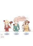  3girls absurdres artist_logo blonde_hair closed_eyes dated hair_dryer hair_flaps harusame_(kantai_collection) highres holding_toothbrush kantai_collection light_brown_hair long_hair multiple_girls negative_space nose_bubble pajamas pink_hair shanghmely simple_background sink sleepy toothbrush toothpaste upper_body white_background yura_(kantai_collection) yuudachi_(kantai_collection) 