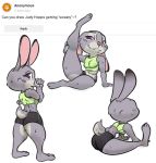  ask_blog bent_forward bodily_fluids bottomwear bra clothing disney english_text exercise exercise_clothing female grin group judy_hopps krucification lagomorph leg_grab leporid mammal pinup pose rabbit short_stack shorts smile solo spandex_shorts sports_bra sportswear stretching sweat text underwear zootopia 