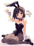  1girl :o animal_ears arm_support arm_up bangs black_footwear black_hairband black_leotard blue_eyes blush bow breasts brown_hair brown_legwear bunny_ears cleavage collar commentary_request dated detached_collar fake_animal_ears full_body hairband high_heels leotard looking_at_viewer medium_breasts odawara_hakone onjouji_toki pantyhose parted_lips red_bow saki saki_achiga-hen shadow shoes signature sitting solo strapless strapless_leotard twitter_username wariza white_background white_collar wing_collar wrist_cuffs 