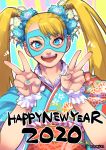  1girl 2020 blonde_hair blue_eyes blue_kimono commentary_request double_v floral_print flower hair_flower hair_ornament happy_new_year japanese_clothes kimono long_hair looking_at_viewer mask multicolored multicolored_nails nail_polish new_year obi rainbow_mika sash smile solo street_fighter street_fighter_v teko_(tawake) twintails v wrestling_mask wrist_cuffs 