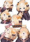  1boy 1girl abigail_williams_(fate/grand_order) absurdres bandaid_on_forehead bangs black_bow black_jacket blonde_hair blue_eyes bow breasts closed_eyes crossed_bandaids cum ejaculation erection facial fate/grand_order fate_(series) fellatio forehead hair_bow hair_bun handjob heroic_spirit_traveling_outfit hetero highres jacket keyhole kunabishi licking_penis long_hair looking_at_viewer multiple_bows multiple_views open_mouth oral orange_belt orange_bow parted_bangs penis simple_background sleeves_past_wrists small_breasts smile third_eye tongue tongue_out white_background 