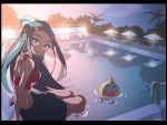  1girl blue_eyes blue_hair earrings gen_8_pokemon hair_bun hari611 highres hoop_earrings jewelry long_hair looking_at_viewer multicolored_hair outdoors pokemon pokemon_(creature) pokemon_(game) pokemon_swsh pool rurina_(pokemon) sunset two-tone_hair water wet 