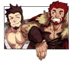 239_239 2boys abs absurdres alternate_eye_color arm_on_shoulder armor bara beard brown_hair cape chest collar couple eye_contact facial_hair fate/grand_order fate/zero fate_(series) fur_collar goatee highres iskandar_(fate) jacket leather looking_at_another male_focus military military_uniform multiple_boys muscle napoleon_bonaparte_(fate/grand_order) no_scar open_clothes open_jacket open_shirt red_eyes red_hair sideburns six_fanarts_challenge sleeveless smile smirk teeth uniform yellow_eyes 