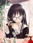  1girl black-framed_eyewear black_hair clock glasses hand_in_hair highres indoors mirror nadashima_gy original plant school_uniform soap solo toothbrush toothpaste upper_body vines 