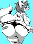  2020 absurd_res anthro bent_over big_breasts big_butt bikini bikini_thong blue_background blush bodily_fluids breasts butt canid canine clothing female fox hi_res inner_ear_fluff looking_back mammal monochrome mosa_(pixiv) panties rear_view side_boob simple_background slightly_chubby solo spot_color sweat swimwear tattoo thick_thighs tuft underwear 