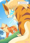  2020 absurd_res arcanine blue_fire bodily_fluids canid canine colored_fire comic english_text feral fire group growlithe hi_res male mammal nikkibunn nintendo pok&eacute;mon pok&eacute;mon_(species) sweat text video_games 