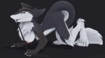  16:9 all_fours anthro black_body black_fur blue_eyes breasts chest_tuft claws digitigrade female fur hanging_breasts jeyeff nipples nude pink_nipples sergal sharp_teeth solo tail_tuft teeth tuft valkyria white_body white_fur widescreen 