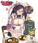 1girl black_hair blue_eyes blush breasts chair cleavage downblouse dress food food_in_mouth frills frog glasses gloves hand_in_hair jewelry kino_books large_breasts leaning_forward long_hair looking_at_viewer maid maid_cafe maid_headdress menu_board off-shoulder_dress off_shoulder pendant pocky thighhighs twintails uchi_no_hime-sama_ga_ichiban_kawaii waitress whoisshe zettai_ryouiki 