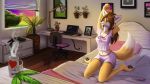  16:9 2019 anthro bed bedroom bottomwear brown_hair canid canine chair clothed clothing computer cup detailed_background dipstick_tail female fox fully_clothed fur furniture hair hi_res inside kitsunartbr kneeling lamp laptop leaf mammal midriff multicolored_tail navel office_chair on_bed photo plant potted_plant shorts solo stretching white_body white_fur widescreen window yellow_body yellow_fur 