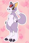  &lt;3 anthro black_claws blush claws digimon digimon_(species) dorumon dragon ear_markings ear_tuft facial_markings female fur furred_dragon gem head_markings hi_res lamiababe markings purple_body purple_fur standing tuft white_body white_fur x-digimon yellow_eyes 