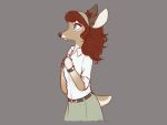  anthro belt black_nose blouse bottomwear brown_hair cervid clothed clothing dvixie_art female fingers fur green_eyes grey_background hair mammal simple_background skirt solo standing 