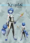  2019 abstract_background anthro blue_body blue_fur blue_hair canid canine clothed clothing english_text female fox fully_clothed fur green_eyes hair hi_res holding_gun holding_object holding_weapon inner_ear_fluff jewelry kitsunartbr krystal looking_at_viewer mammal necklace nintendo smile solo staff standing star_fox text tuft video_games weapon 