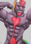  abs anthro barazoku biceps big_muscles black_nipples body_hair chest_hair classicmuzzle_(artist) demon digital_media_(artwork) dragon facial_hair flexing goatee grin hair happy_trail hi_res horn loki_rel_zephyr looking_at_viewer male muscular muscular_male nipples pecs pentagram pose raised_arm red_hair scalie simple_background smile solo standing white_horn 