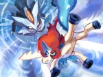  battle blue_eyes claws commentary_request creature eye_contact frown gen_5_pokemon hanaki_hana highres horn keldeo keldeo_(ordinary) kyurem legendary_pokemon looking_at_another mythical_pokemon no_humans pokemon pokemon_(creature) sharp_teeth teeth 