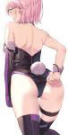  1girl adjusting_clothes ass bare_arms bare_shoulders black-framed_eyewear black_legwear black_leotard bunny_tail bunnysuit detached_collar elbow_gloves fake_tail fate/grand_order fate_(series) from_behind glasses gloves highres kuroki_(ma-na-tu) leg_up leotard mash_kyrielight pink_hair short_hair simple_background single_elbow_glove single_glove solo tail thigh_strap thighhighs two-tone_gloves white_background wrist_cuffs 