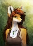  2019 absurd_res anthro black_nose brown_hair canid canine clothed clothing female fox fur green_eyes hair hi_res inner_ear_fluff jewelry kitsunartbr light lighting mammal necklace portrait shirt simple_background solo tank_top topwear tuft whiskers yellow_body yellow_fur 