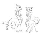  2020 5:4 beastars beastbehavior bottomless canid canid_taur canine canine_taur canis chest_tuft claws clothed clothing digitigrade duo eyebrows eyelashes fangs female half-closed_eyes hand_behind_neck hi_res juno_(beastars) legoshi_(beastars) line_art looking_aside looking_at_another male male/female mammal mammal_taur monochrome narrowed_eyes necktie open_mouth quadruped ribbons rolled_up_sleeves shirt simple_background smile standing taur teeth topwear tuft vest white_background wolf wolf_taur 