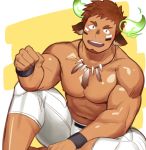  1boy abs animal_ears bara beard brown_hair chest clenched_hands dark_skin dark_skinned_male facial_hair feathers fist_bump forked_eyebrows glowing_horns horns itto_(mentaiko) looking_at_viewer male_focus muscle native_american navel nipples open_mouth pectorals simple_background sitting sketch smile solo sportswear thick_eyebrows tight tokyo_houkago_summoners wakan_tanka 