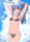  1girl :o absurdres animal_ear_fluff animal_ears armpits arms_behind_head arms_up bangs bikini black_bikini blush bow bow_bikini breasts brown_eyes bunny-shaped_pupils bunny_ears bunny_girl cloud cloudy_sky cowboy_shot day grey_bow grey_ribbon highres hololive light_rays long_hair looking_at_viewer navel outdoors parted_lips ponytail side-tie_bikini sidelocks sky small_breasts solo stomach sunbeam sunlight swimsuit usada_pekora virtual_youtuber water xiao_lin_jiu 