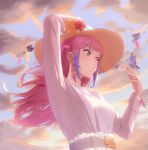  1girl arm_up belt_buckle blue_ribbon buckle butterfly_on_hand cloud day floating_hair flower from_below garter_belt hat hat_flower hat_ribbon highres long_hair long_sleeves multicolored_hair outdoors pink_eyes pink_hair purple_hair red_flower ribbon rose shirt solo sun_hat sunflower two-tone_hair white_shirt yellow_flower yellow_headwear zero-xiuji 