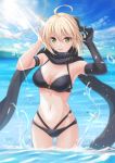  1girl ahoge ass_visible_through_thighs asymmetrical_gloves bikini black_bikini black_bow black_gloves black_scarf blonde_hair blue_sky bow breasts cleavage cloud cowboy_shot day elbow_gloves fate/grand_order fate_(series) floating_hair gloves hair_bow lens_flare medium_breasts multi-strapped_bikini navel necocafe_lili ocean okita_souji_(fate)_(all) okita_souji_(swimsuit_assassin)_(fate) outdoors scarf short_hair single_glove sky solo standing sunlight swimsuit thigh_gap wading 