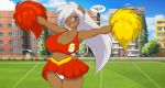  anthro blue_eyes blush bottomwear breasts brown_body brown_fur cheerleader cleavage clothed clothing female football_field fur grey_hair hair innuendo long_hair mammal mastergodai naomi_(mastergodai) one_eye_closed pom_poms skirt solo speech_bubble text ursid 