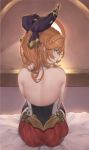  1girl absurdres aqua_eyes back backlighting bare_back bare_shoulders bed_sheet belt betabeet black_legwear bow clarisse_(granblue_fantasy) detached_collar from_behind granblue_fantasy hair_bow highres indoors long_hair looking_at_viewer looking_back on_bed orange_hair parted_lips ponytail purple_bow red_skirt sitting sitting_on_bed skirt solo test_tube thighhighs window 