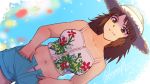  bare_shoulders blue_shorts breasts brown_eyes brown_hair character_request copyright_request dated dutch_angle floral_print hat highres looking_at_viewer medium_breasts messy_hair midriff navel shinmai_(kyata) shorts signature smile straw_hat tank_top 