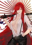  1girl alternate_costume breasts cape cigarette collared_shirt cowboy_shot fate/grand_order fate_(series) hair_over_one_eye large_breasts leather leather_belt leather_pants long_hair navel nello_(luminous_darkness) oda_nobunaga_(fate)_(all) oda_nobunaga_(maou_avenger)_(fate) open_clothes open_shirt pants red_cape red_eyes red_hair sheath sheathed shirt suspenders sword weapon white_shirt 