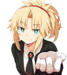  1girl alternate_costume bangs black_jacket blonde_hair blush braid breasts chata_maru_(irori_sabou) commentary_request eyebrows_visible_through_hair fate/grand_order fate_(series) gem gloves green_eyes hair_ornament hair_scrunchie highres jacket long_hair looking_at_viewer mordred_(fate) mordred_(fate)_(all) necktie ponytail red_neckwear red_scrunchie scrunchie shirt simple_background smile solo white_background white_gloves white_shirt 