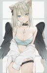  1girl angel_wings animal_ears bare_shoulders blue_eyes breasts camisole cat_ears cat_girl cat_tail choker cigarette cleavage collarbone cowboy_shot crop_top earrings extra_ears fallen_angel feathered_wings grey_hair hair_between_eyes hair_ornament hair_ribbon highres jacket jewelry leg_belt long_hair long_sleeves looking_at_viewer medium_breasts midriff navel off_shoulder one_side_up original ribbon shiratama_akane shirt sleeveless sleeveless_shirt smoking solo spaghetti_strap tail thighs white_jacket wings 