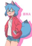  2020 absurd_res anthro blue_body blue_eyes blue_fur blue_hair brand_new_animal brown_body brown_fur canid canine clothed clothing cute_fangs female fluffy fluffy_tail fur goose_(artist) hair hands_in_pockets hi_res jacket looking_at_viewer mammal michiru_kagemori open_mouth pockets portrait raccoon_dog short_hair solo studio_trigger tanuki three-quarter_portrait topwear 