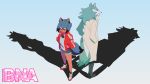  2020 absurd_res anthro blue_body blue_eyes blue_fur blue_hair brand_new_animal brown_body brown_fur canid canine canis clothed clothing female fluffy fluffy_tail footwear fur hair hands_in_pockets hi_res jacket male mammal michiru_kagemori pockets raccoon_dog shirou_ogami shoes short_hair standing studio_trigger tanuki topwear vsaac white_body wolf 