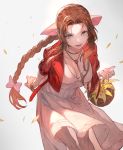  1girl aerith_gainsborough bolo_tie bow bracelet braid braided_ponytail breasts brown_hair cleavage cropped_legs dress final_fantasy final_fantasy_vii final_fantasy_vii_remake flower_basket green_eyes hair_bow highres jacket jewelry lack leaning_forward looking_at_viewer open_mouth pink_dress red_jacket simple_background smile solo 