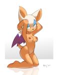  2020 anthro breasts chiropteran featureless_crotch female hi_res kneeling looking_at_viewer mammal nipples nude qrog rouge_the_bat simple_background solo sonic_the_hedgehog_(series) wings 