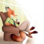  1:1 2020 anthro barefoot bottomwear canid canine chair clothed clothing dipstick_ears disney eyes_closed fox fully_clothed fur furniture hi_res holding_cup holding_object inner_ear_fluff male mammal multicolored_ears necktie nick_wilde orange_body orange_fur pants pear_duchess reclining red_fox shirt sitting smile solo straw topwear tuft zootopia 