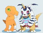  agumon black_nose blue_markings claws digimon digimon_(species) eyelashes gabumon green_eyes horn looking_down markings mxfftchan open_mouth orange_body pink_eyes pink_markings red_claws reptile scalie spiked_tail spikes standing teeth toe_claws white_claws yellow_body 