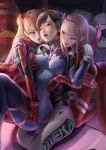  3girls aroused between_legs blue_eyes breast_grab breasts breath brown_eyes brown_hair cameltoe crossover d.va_(overwatch) darling_in_the_franxx grabbing green_eyes groping hand_between_legs headphones highres horns licking_lips looking_at_another moi&#039;dukdum multiple_crossover multiple_girls neon_genesis_evangelion overwatch pilot_suit pink_hair plugsuit souryuu_asuka_langley tongue tongue_out whisker_markings yuri zero_two_(darling_in_the_franxx) 